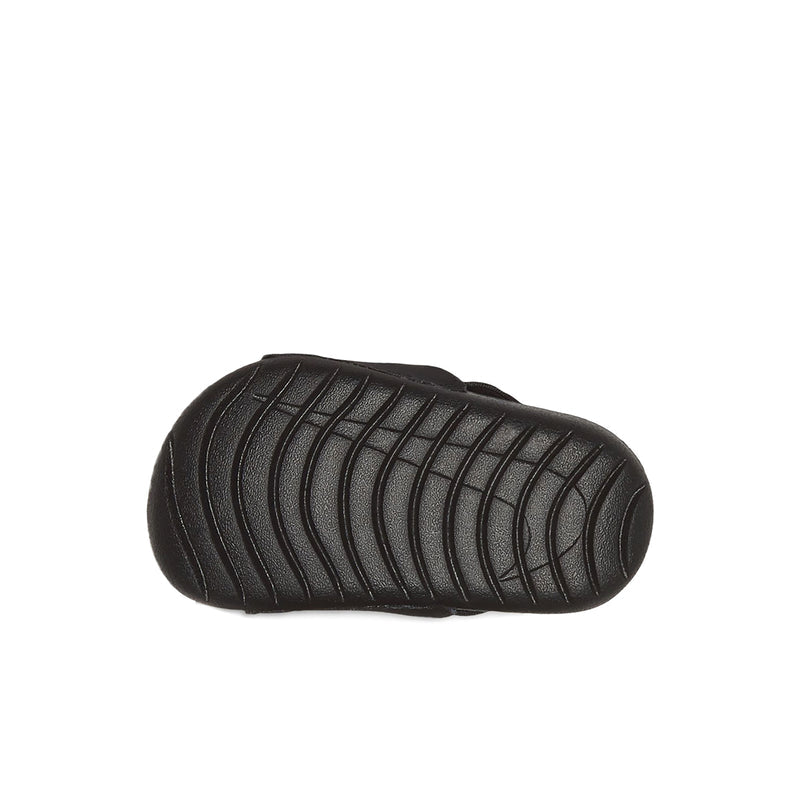 Toddler black slide sandal rubber outsole with grid traction pattern