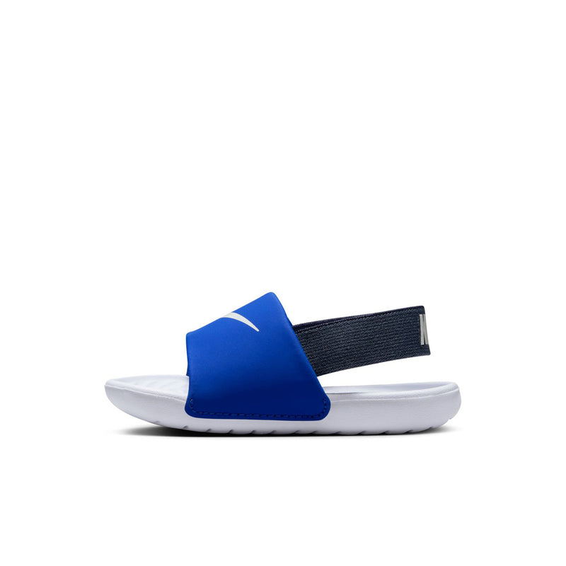 Toddler blue slide sandals with white sole and dark elastic heel strap