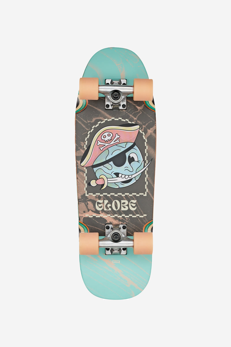 Top-down view of Kids Blaster Cruiserboard 8.25 Pirate Life with teal nose and tail and pirate skull graphic