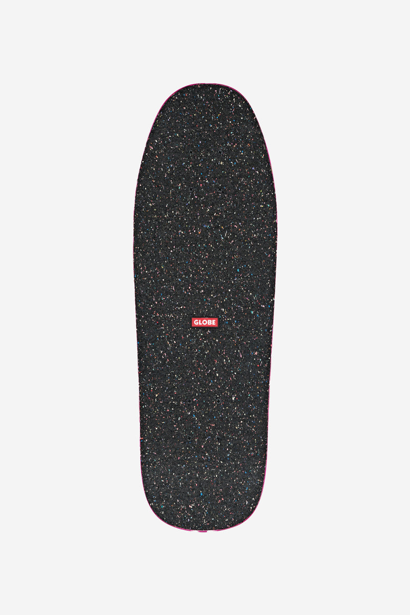 Close-up of black speckled deck with pink edge and Globe logo