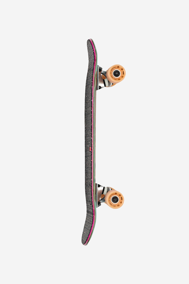Side view of speckled cruiser deck with pink edge and orange wheels