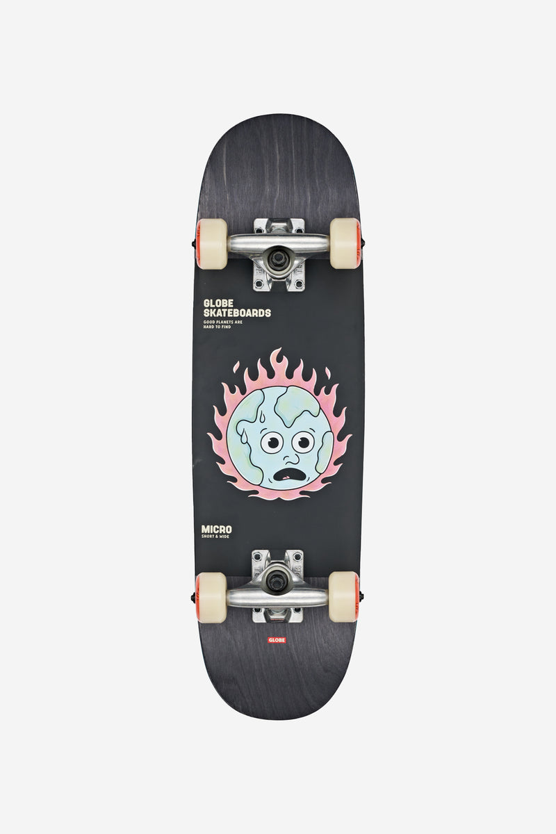 Kids Softie Micro skateboard deck in black with a flaming globe graphic and Globe logo