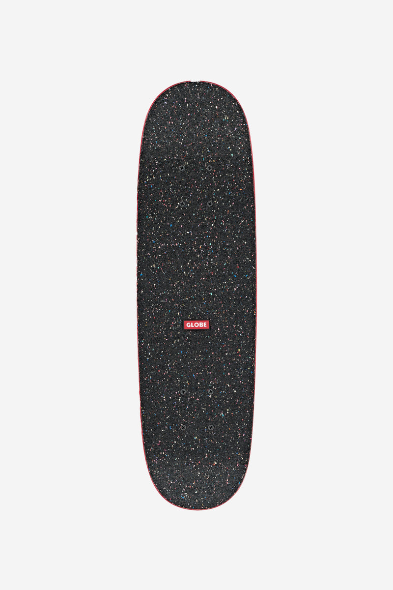Top view of black glitter speckle skateboard deck with red edge and trucks