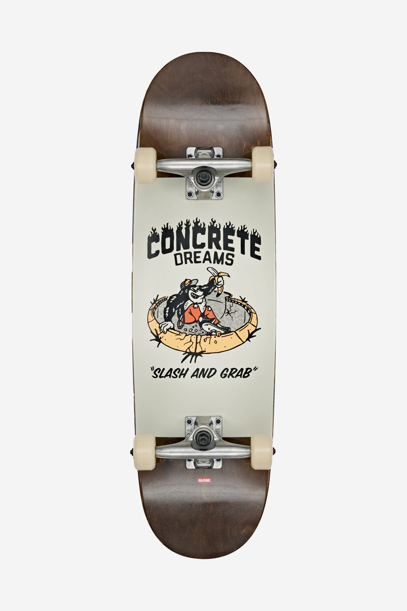 Top view of Concrete Dreams skateboard deck with bold graphic and Globe logo