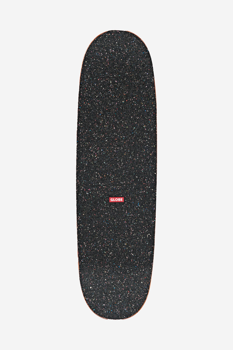 Close up of dark speckled top on a Kids Softie Mid complete deck with a small Globe logo