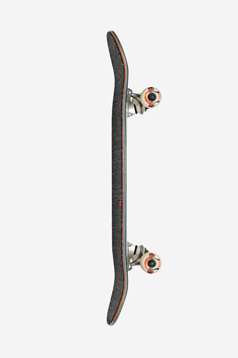 Side view of a Kids Softie Mid complete skateboard in Dark Maple and Concrete Dreams with trucks and white wheels