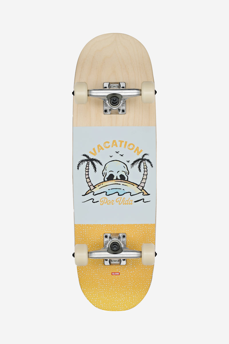 Top view of Kids Softie Mini Complete 7.9 inch deck in Natural Por Vida with skull and palm graphics