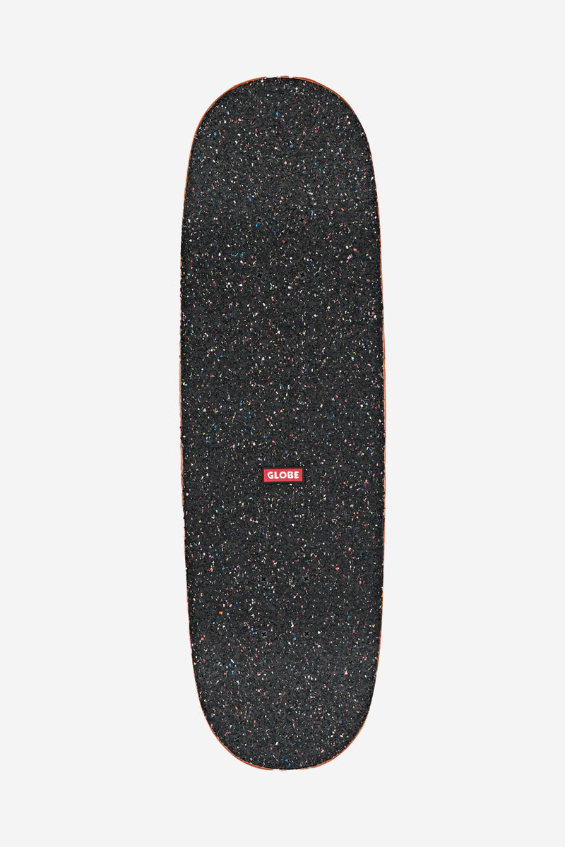 Close up of black speckled grip tape on the Kids Softie Mini Complete deck with red Globe logo