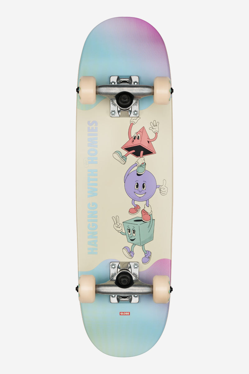 Top view of a Kids Wide Micro complete skateboard with Hangin With Homies graphic and silver trucks with cream wheels