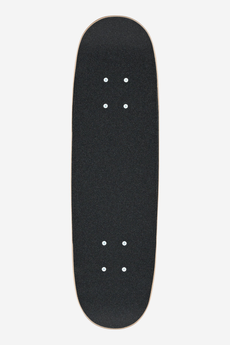 Close up of a black grip tape skateboard deck showing four silver screws in a 2x2 pattern