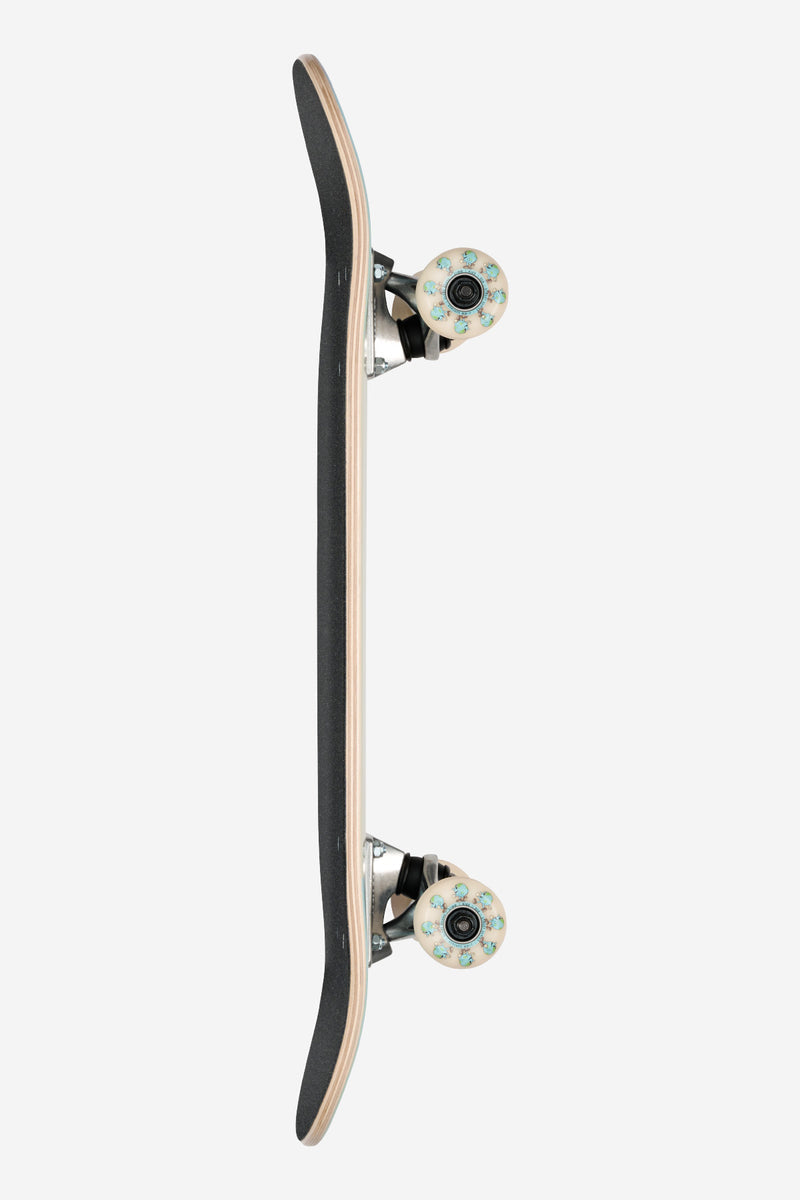 Side profile of a Kids Wide Micro Hangin complete skateboard showing a black deck with natural edge and cream trucks