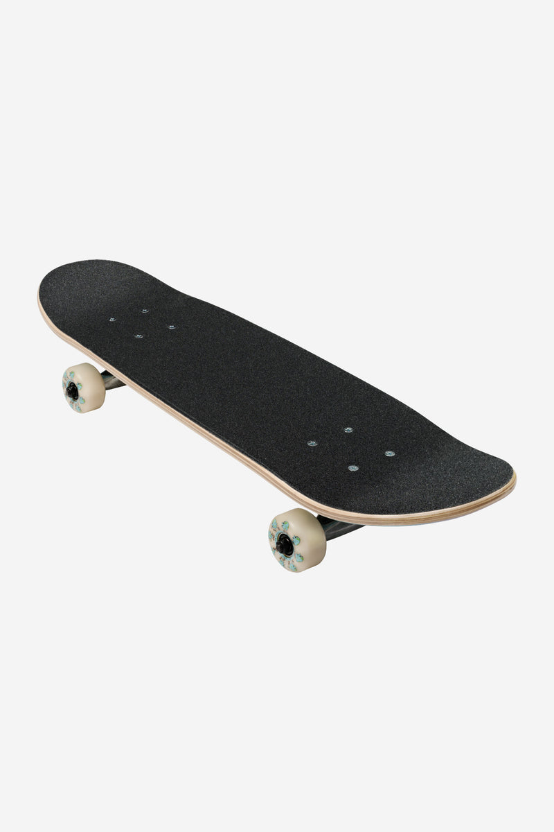 Top view of a Kids Wide Micro Hangin complete skateboard with black grip tape and cream wheels