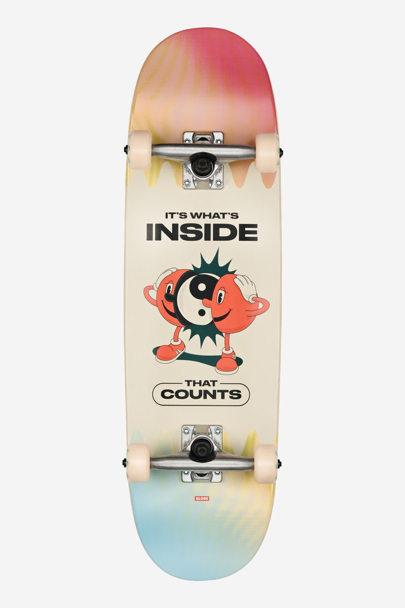Top view of a Kids Wide Mid Inner Balance complete skateboard with a pink to yellow gradient deck and a cartoon graphic