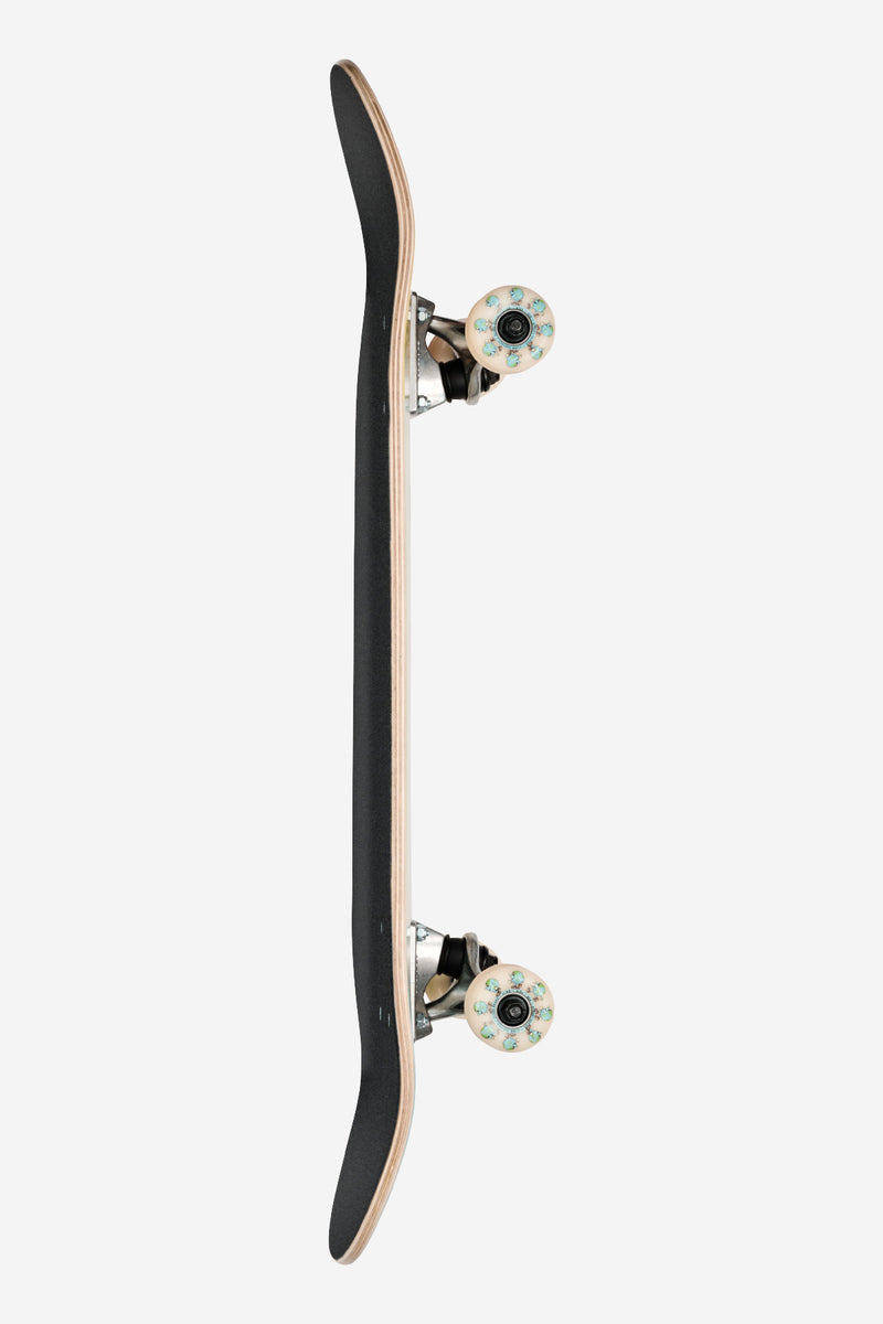 Side profile of a Kids Wide Mid Inner Balance complete skateboard showing black deck silver trucks and pale wheels