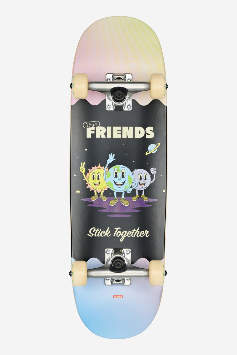 Top of a Kids Wide Mini True Friends skateboard featuring space themed graphic and pastel gradient nose