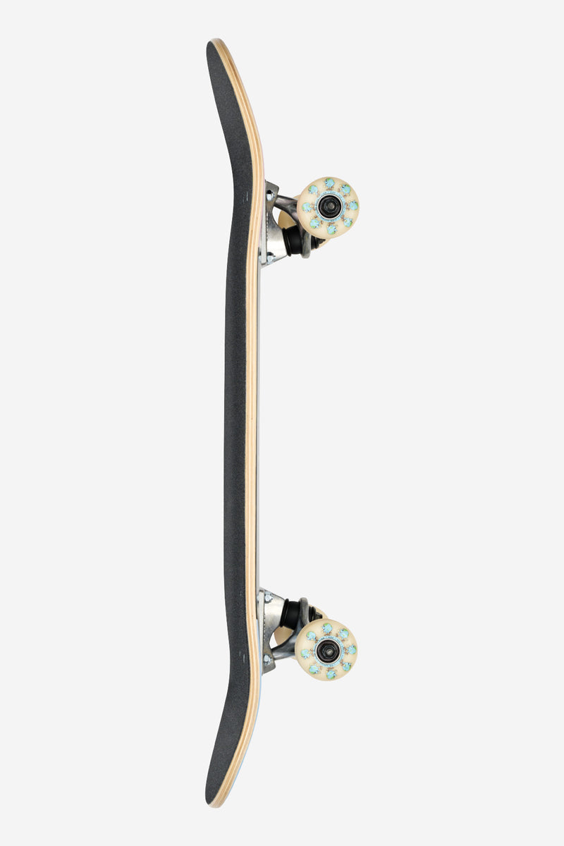 Side view of the Kids Wide Mini True Friends complete skateboard with beige wheels and exposed trucks.