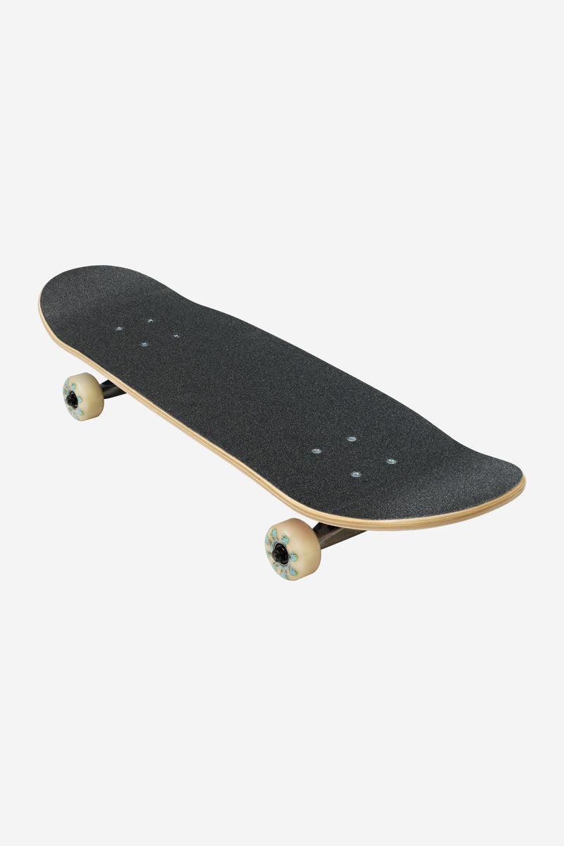 Three-quarter view of the Kids Wide Mini True Friends deck with dark grip tape and beige wheels.