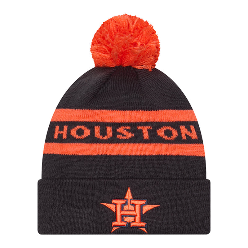 Two-tone knit beanie in dark navy with orange stripes, orange pom, HOUSTON logo