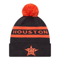 Two-tone knit beanie in dark navy with orange stripes, orange pom, HOUSTON logo