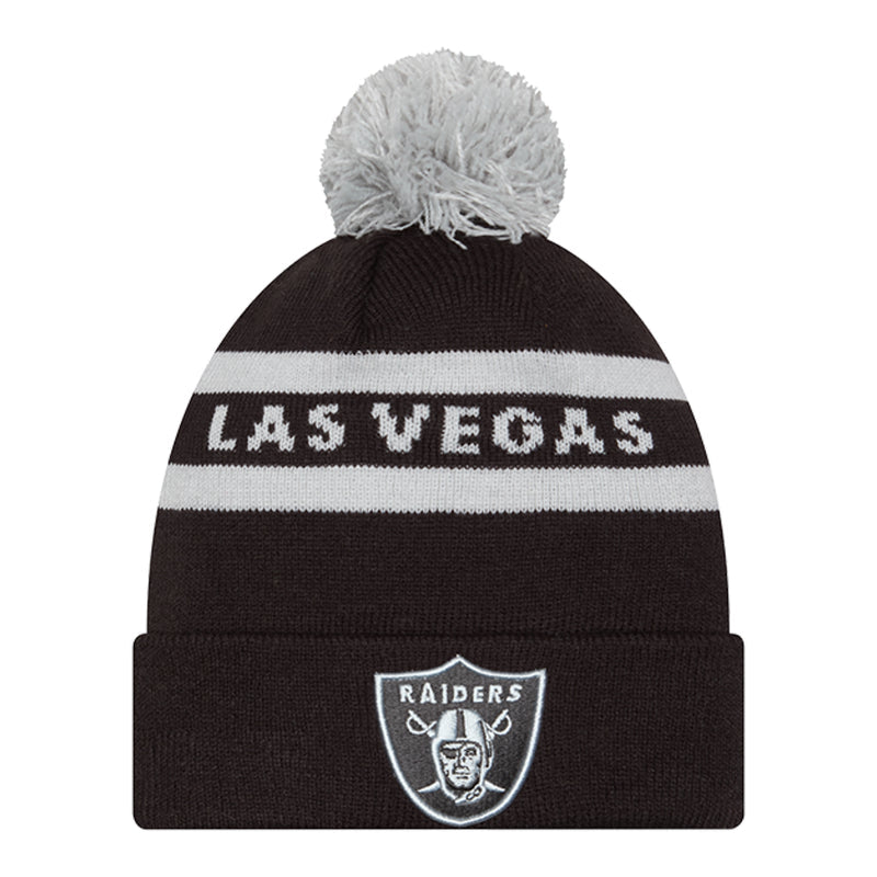 Black knit beanie with gray pom, white stripes, Raiders shield logo