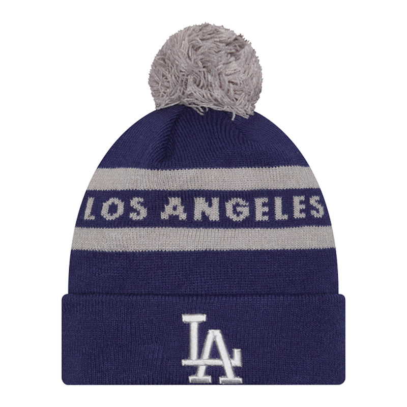 Two-tone knit beanie with gray pom, striped Dodgers lettering and LA logo