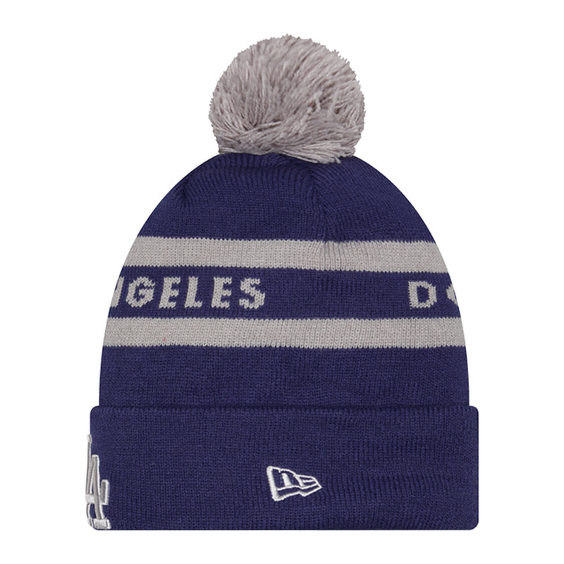 Two-tone knit beanie with gray pom and striped pattern with Dodgers letters