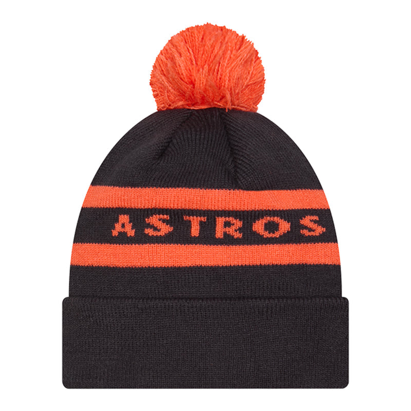 Two-tone knit beanie in dark navy with orange stripes, orange pom, ASTROS text