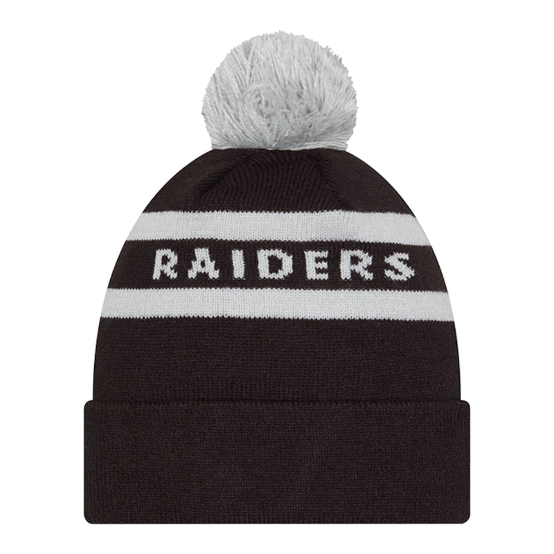 Black knit beanie with gray pom, white stripes, Raiders wordmark