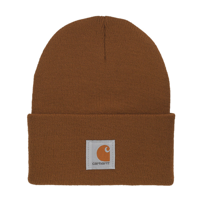 Carhartt brown knit cuff beanie with square Carhartt logo patch.