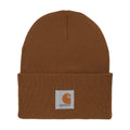 Carhartt brown knit cuff beanie with square Carhartt logo patch.