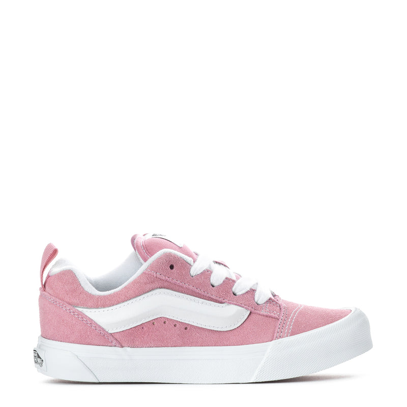 Pink and white kids low-top sneaker with white laces and side stripe