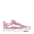 Pink and white kids low-top sneaker with white laces and side stripe