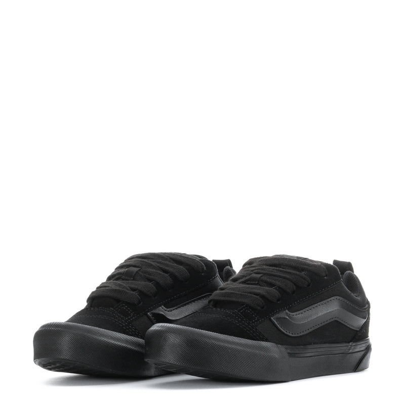 Kids triple-black lace-up sneakers, pair view from above with rubber outsole