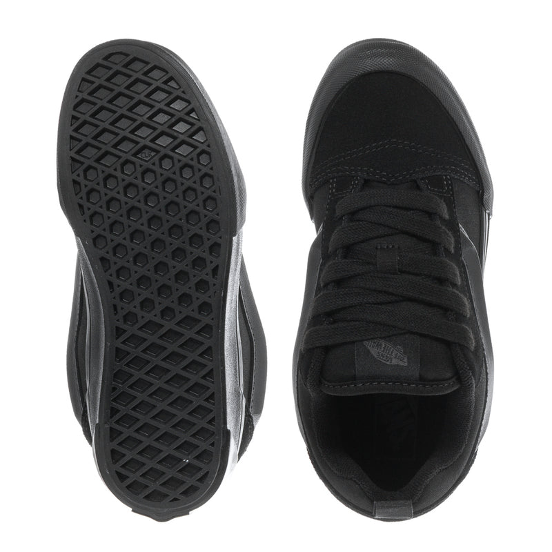 Kids triple-black lace-up sneakers showing outsole tread and toe interior