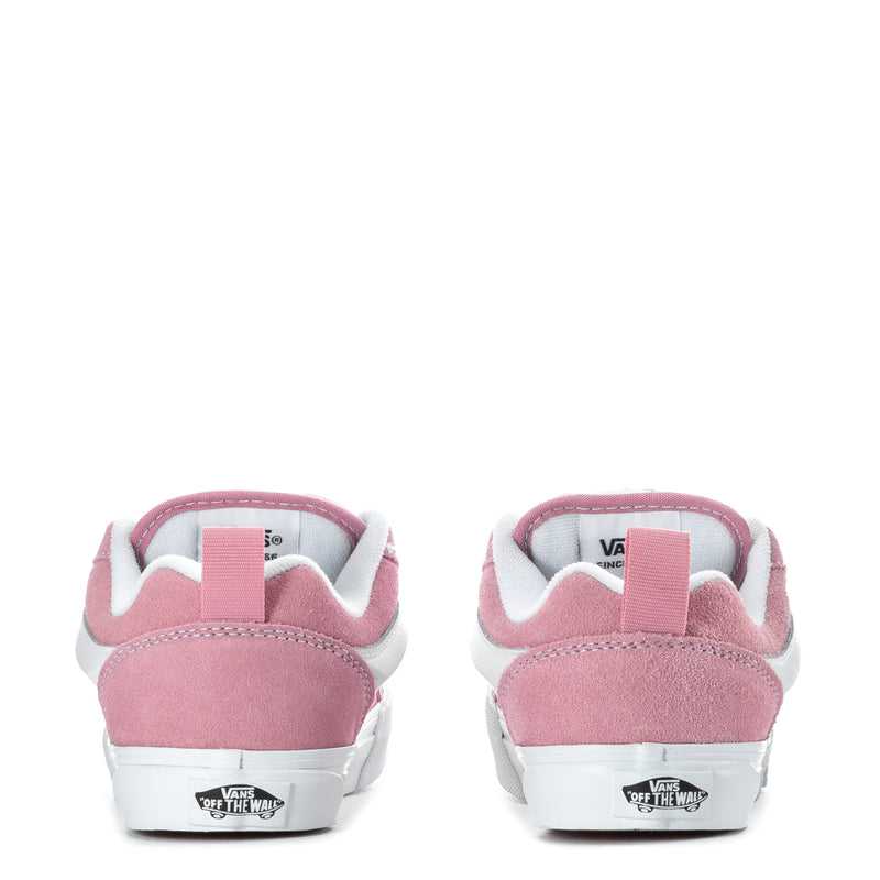 Kids pink sneaker heel view with white logo patch and padded collar