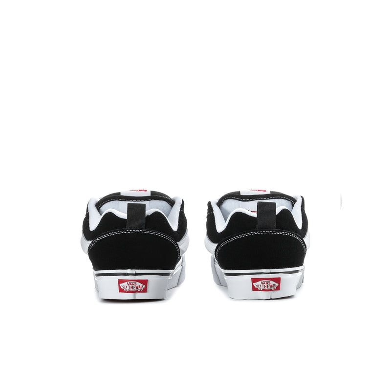 Men's Knu Skool sneakers, black uppers with white heel tabs and red label branding.