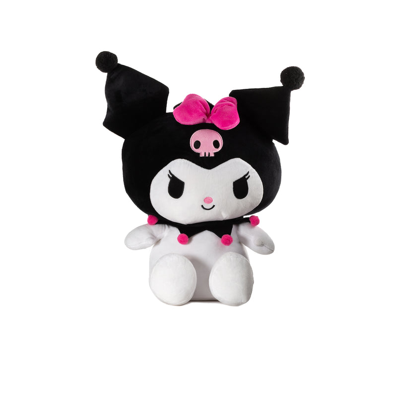 Kuromi plush backpack, black plush with pink bow and cute face front pocket