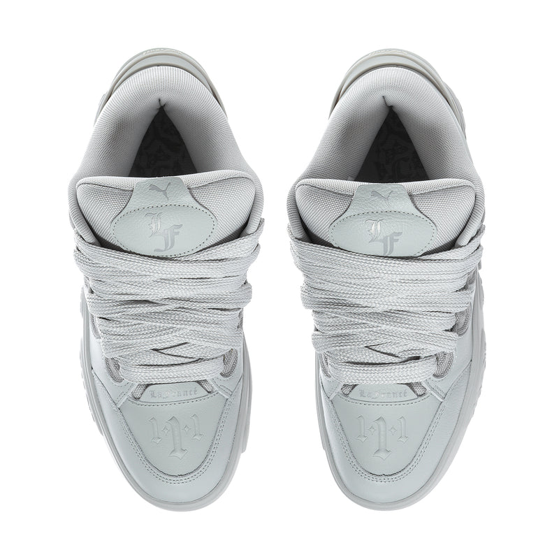 Light grey men’s skate sneakers, tongue and inner collar view with laces