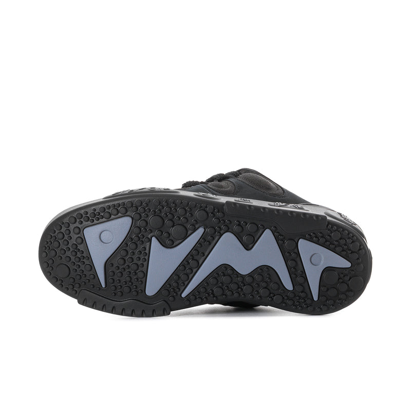 Black skate shoe outsole tread with circular traction pods and raised grip
