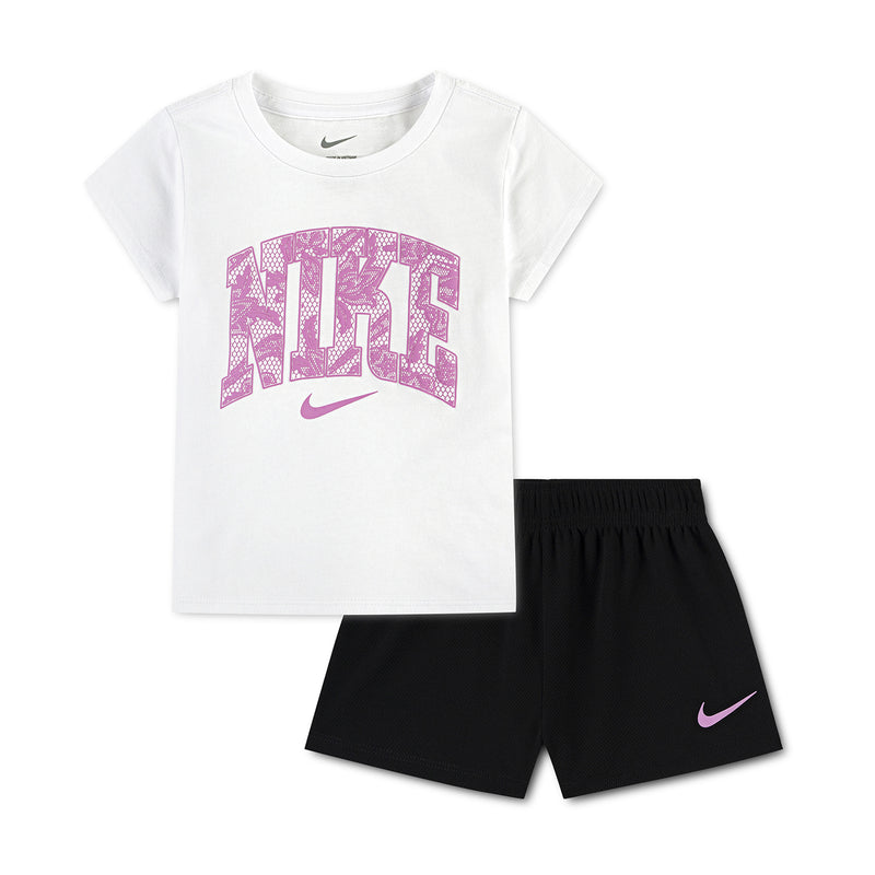 Toddler two-piece short set: white graphic T-shirt and black shorts with purple logo
