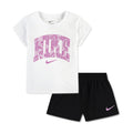 Toddler two-piece short set: white graphic T-shirt and black shorts with purple logo