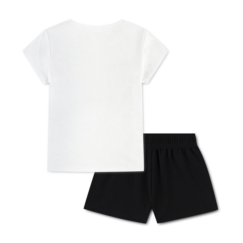 Toddler two-piece short set: plain white T-shirt with black shorts and purple logo