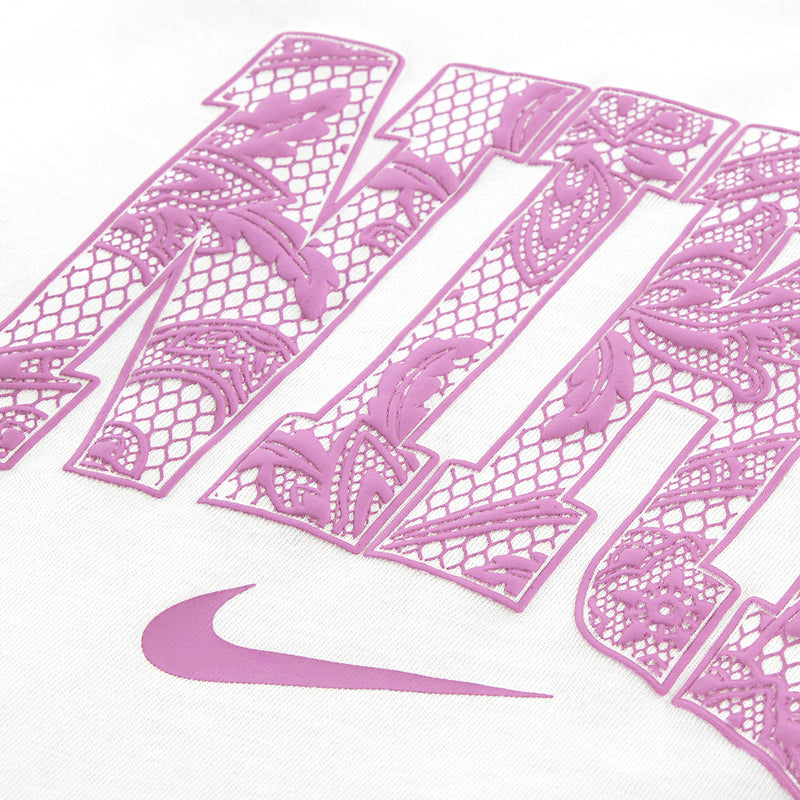 Toddler T-shirt front graphic: pink lace-style lettering with Nike swoosh on white