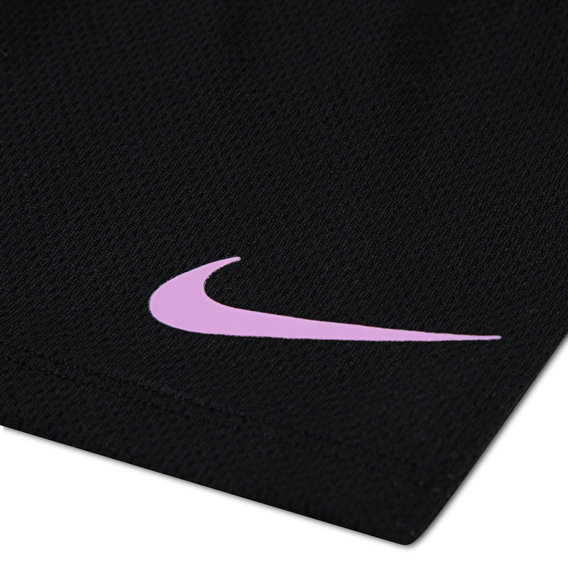 Toddler black mesh shorts with purple Nike swoosh logo detail