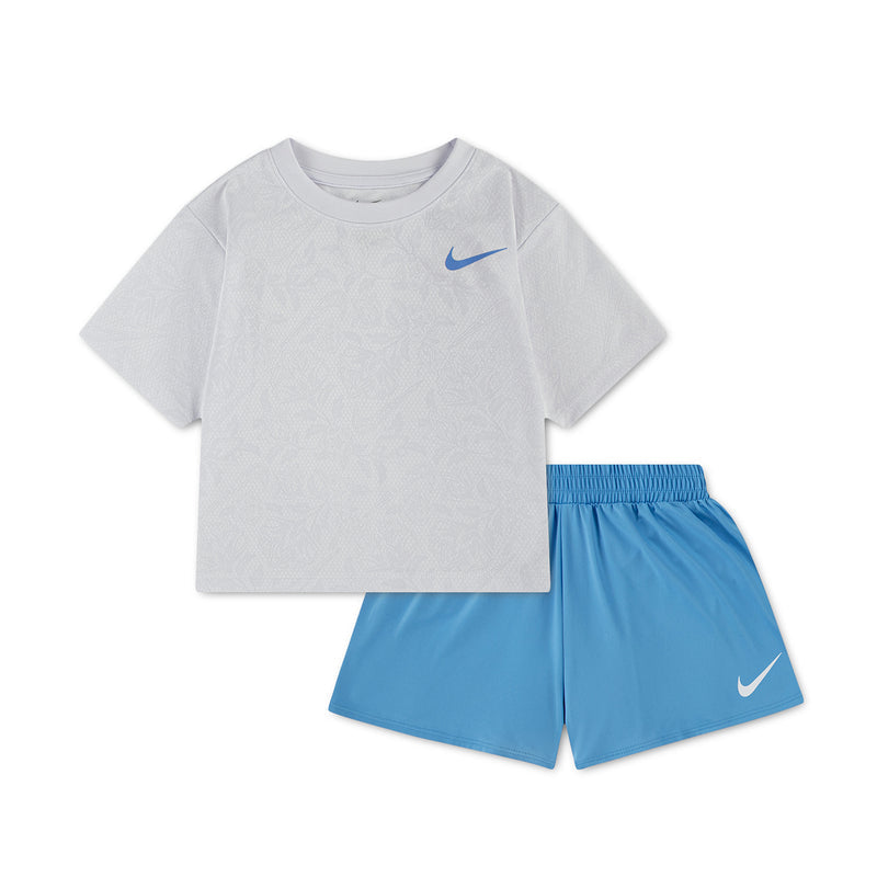 Kids two-piece short set with gray T-shirt and blue athletic shorts with swoosh logos