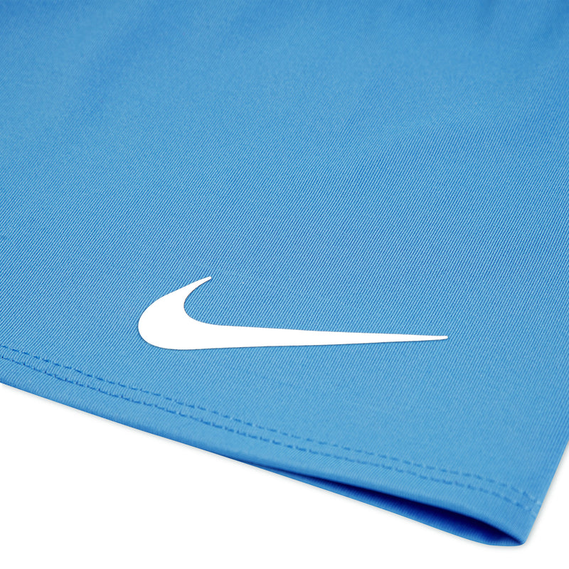 Blue athletic shorts with white swoosh logo and stitched hem edge