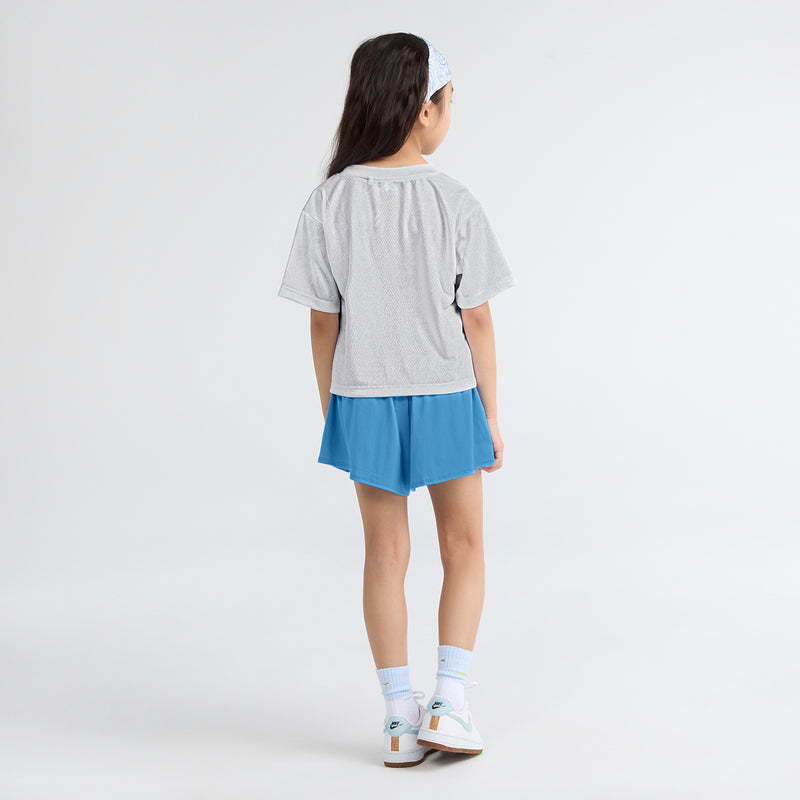 Kids two-piece short set with gray T-shirt and blue athletic shorts, back view
