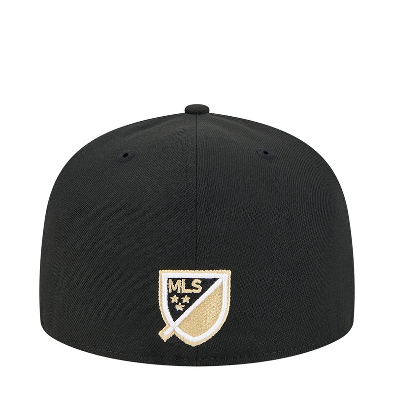 Black baseball cap with gold and white MLS shield patch on the back