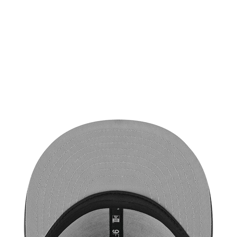 Gray cap interior with stitched panels and black underbrim