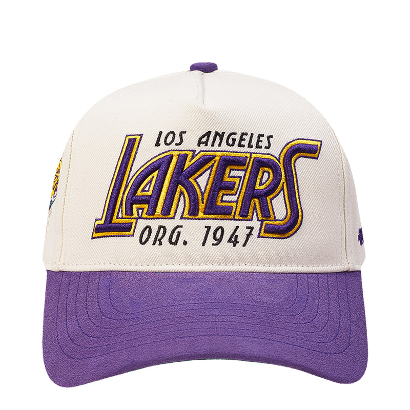 White and purple Los Angeles Lakers snapback cap with front LAKERS logo patch